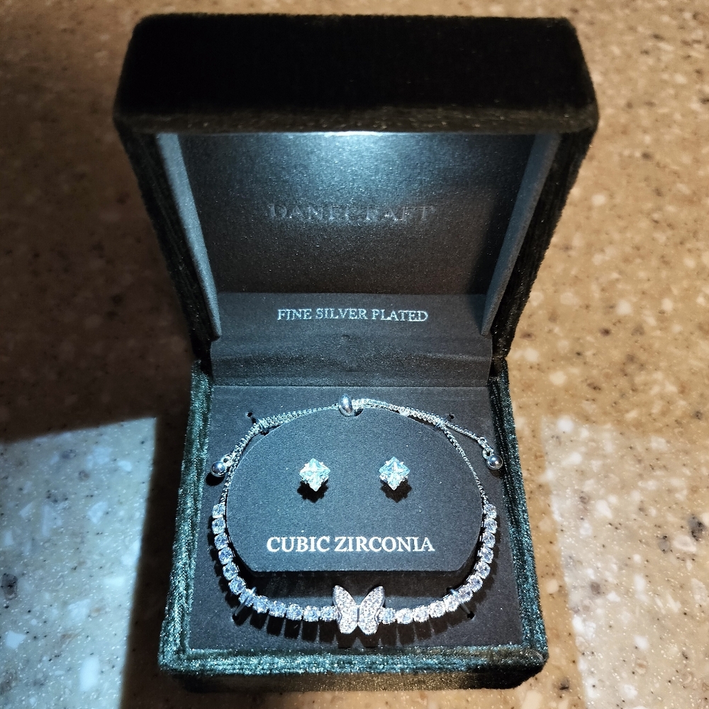 Fine Silver Plated CZ Jewelry Set- Adjustable Butterfly Bracelet & Stud Earrings
